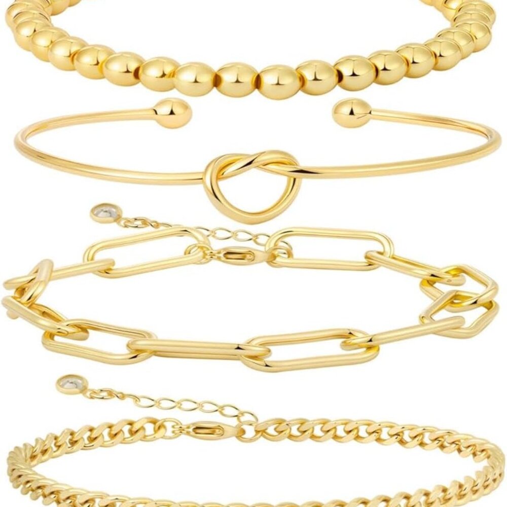 Gold Bracelets for women 14K Gold Bangle Bracelet Stack - Adjustable Waterproof